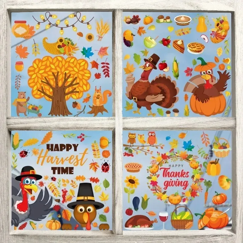 2024 Thanksgiving Window Stickers Double-sided Autumn Window Clings Turkey Decals for Fall Harvest DIY Festival Home Party Decoration- for