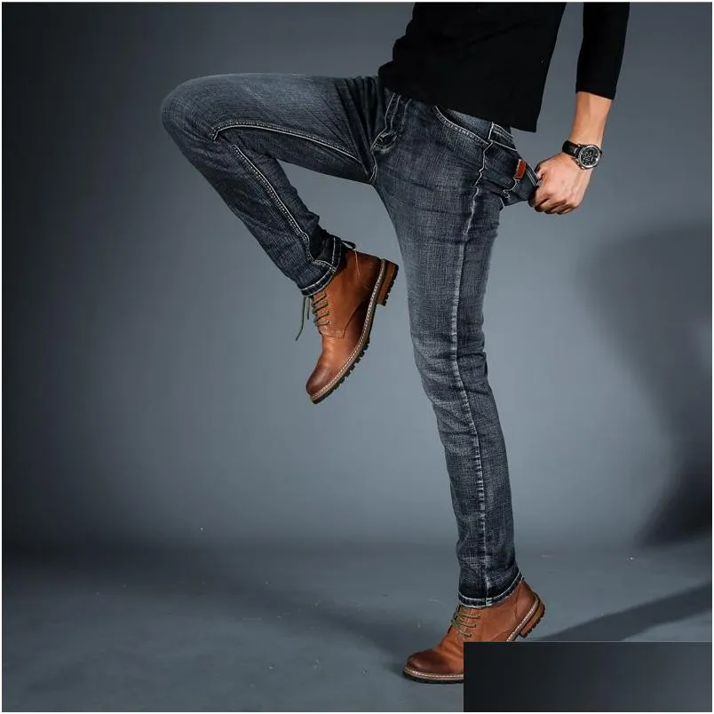 Men'S Jeans Mens 2021 Cholyl Men Midweigth Stretch Spandex Denim Slim Fit Pants For Business Jean Blue And Black Colors Drop Delivery Dh2Ju