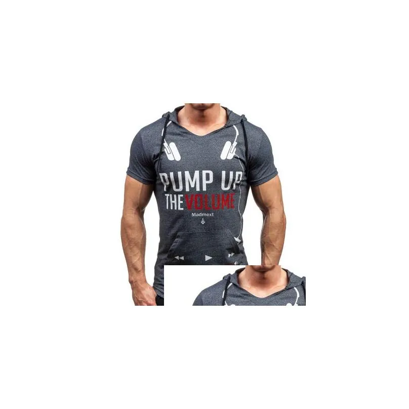 T-shirt da uomo Felpa estiva Sport Muscle Man T-shirt casual con cappuccio Manica corta Aderente slim Uomo Stampa lettera Fondo Drop Delivery Dhmij