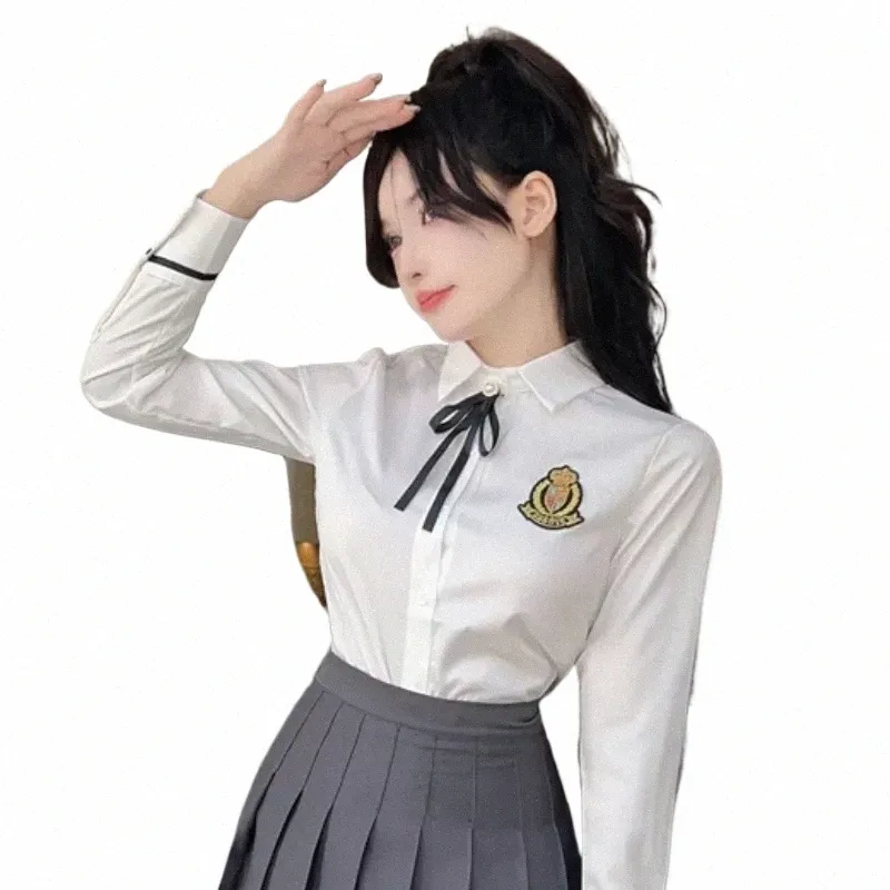 Fall LG Sleeve White Shirt Women's British College Style School Uniform Shirt Bow Tie Anti-Aging Top T028#