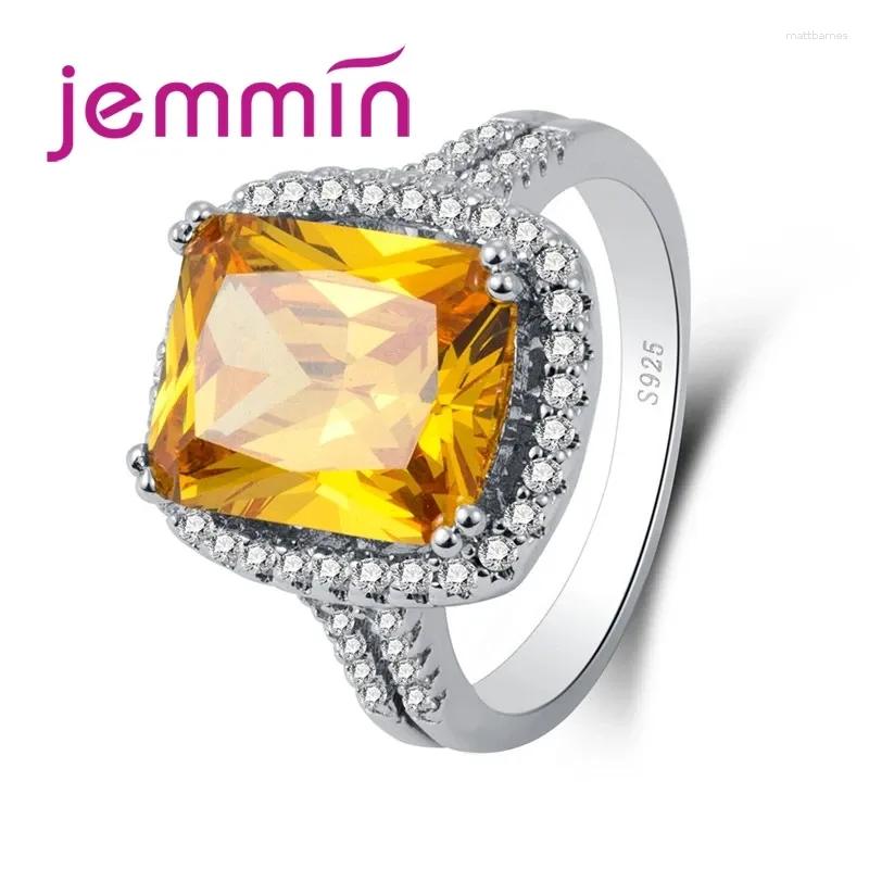 Cluster Rings Shinning Orange Rectangle Cubic Zirconia 925 Sterling Silver Trendy Design Wedding Ring For Women Jewelry