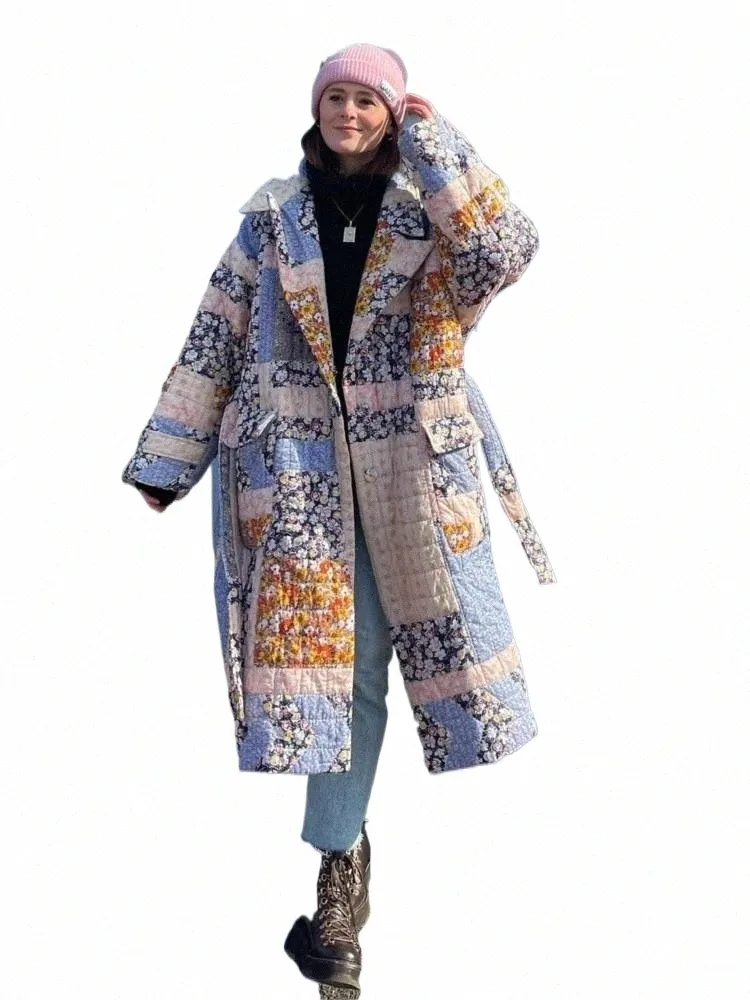 Casacos de algodão femininos com estampa floral de manga Lg com cinto, jaqueta quente e grossa, roupas de rua femininas, New Fi, inverno O2CD #