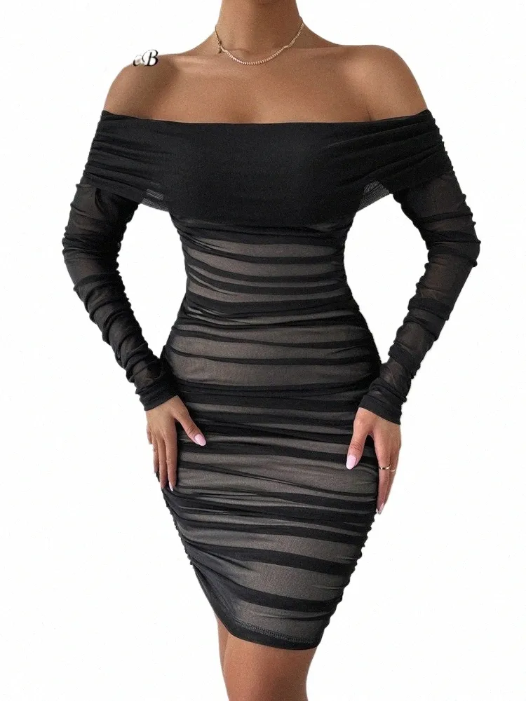 DRMECB OFF SHUPHER MESH PARTY DR FEMMES Vêtements Sexy Club Backl Rucched Bodyc Dres lg Sleeves Autumn Vestidos J3by #