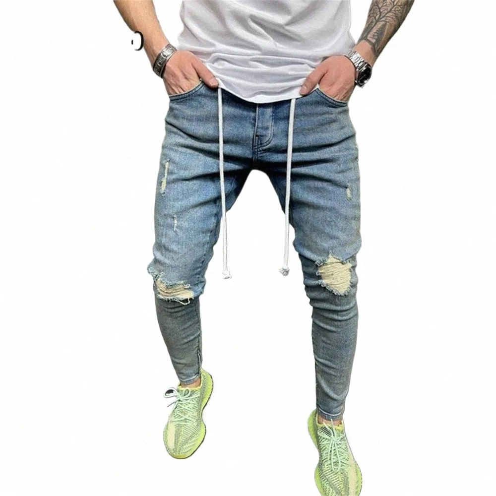 Heren Gescheurde Skinny Jeans Blauw Slim Fit Gat Potlood Broek Casual Bikerbroeken Streetwear 2022 Hoge Kwaliteit Denim Herenkleding v2vC#