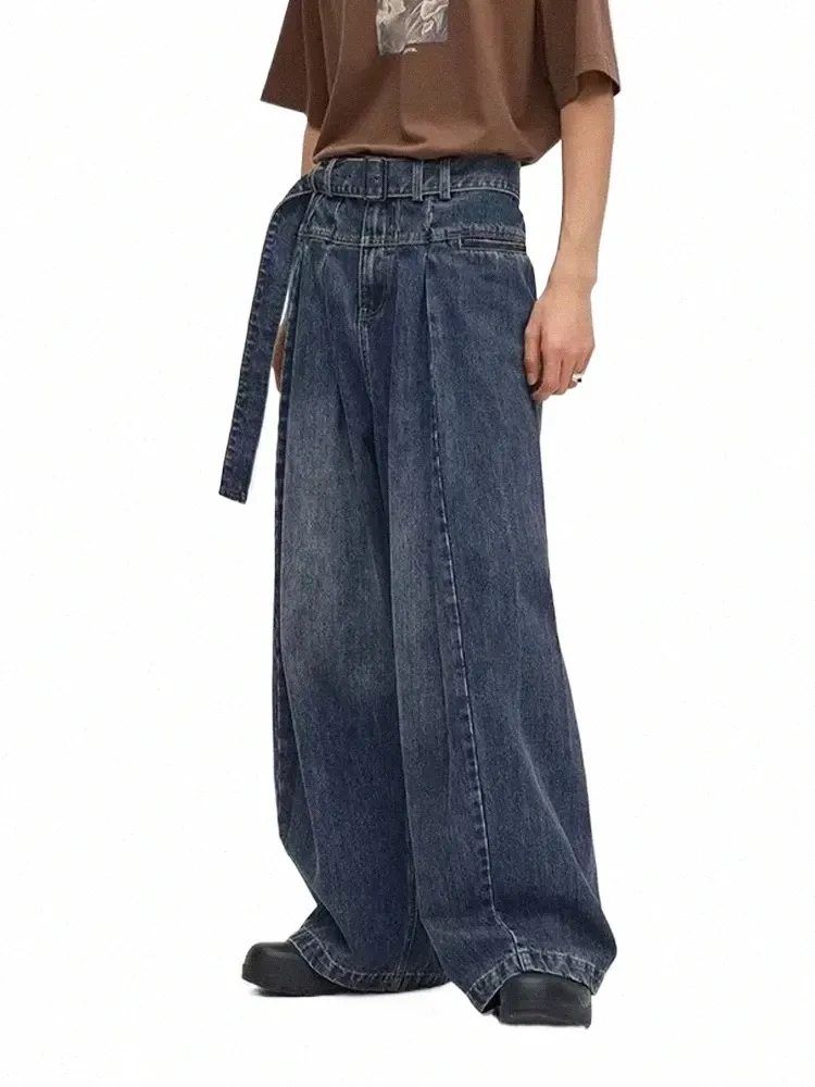 Houzhou Baggy Jeans Hommes Distred Denim Pantalon à jambes larges plissé surdimensionné Pantalon Hip Hop Mâle Coréen Streetwear Hommes Vêtements P4Bb #