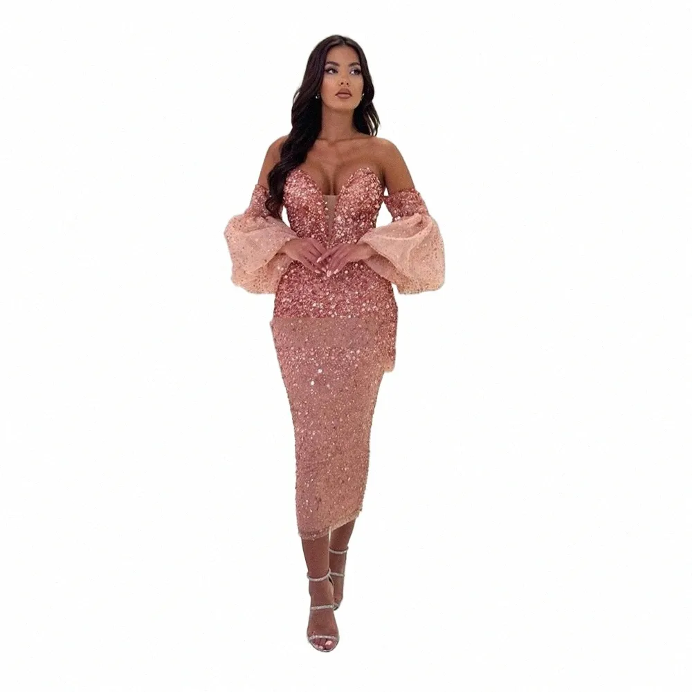 Pinksing Sequins Svening Dres for Women Elegant Sirène Slanders Fluffy Sleeves Off épaule Princ Fi Celebrity Formal D5of #