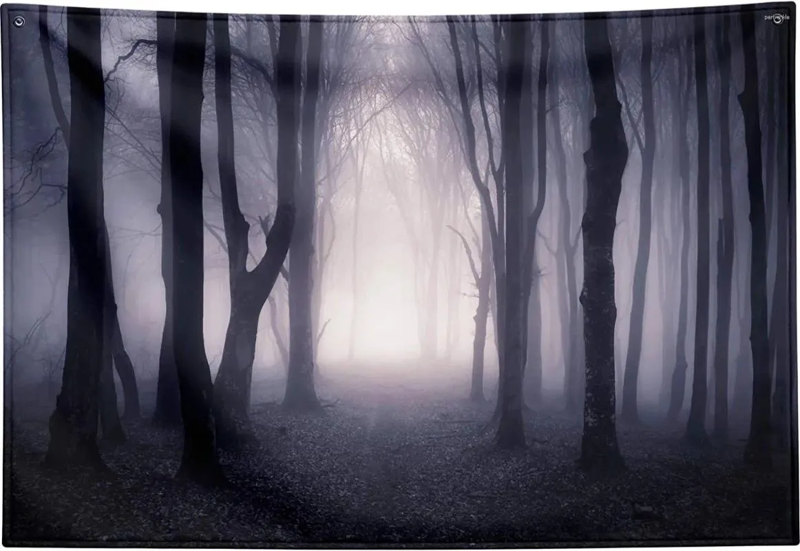 Tapisserier Misty Forest Tapestry Wall Hanging Scary Fantasy Foggy Backdrop Dark Woods Landscape Gothic Decor