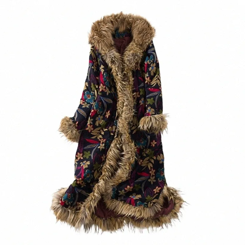 ethnic Style Winter Coat Fur Collar Lg Dust Coat Windbreaker Cott Linen Vintage Cott Padded Clothes Jaqueta Feminina f1859 D5gn#