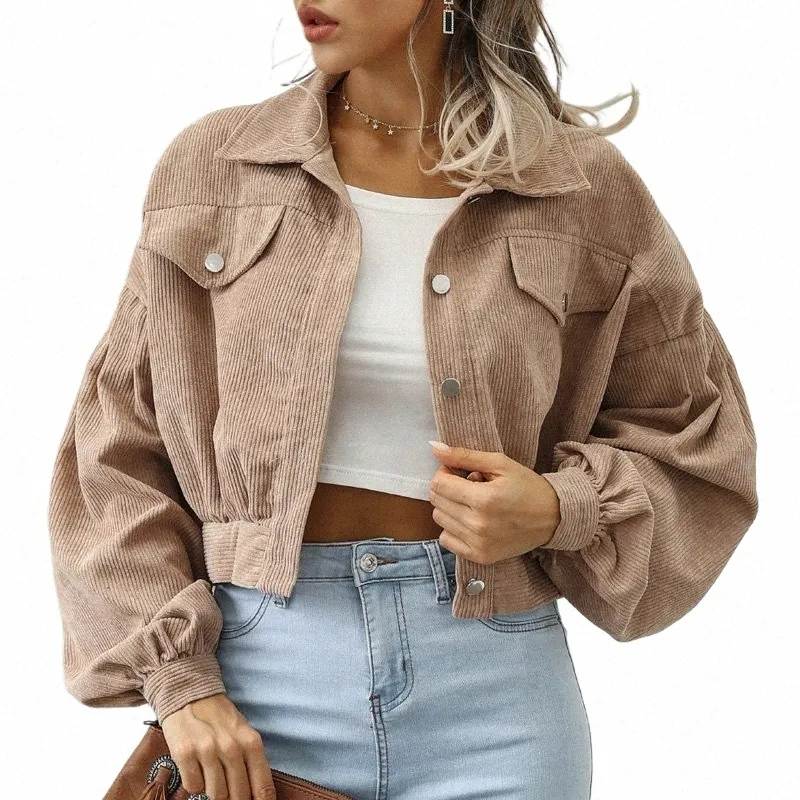 new Jackets for Women Lantern Sleeve Tops Cropped Bomber Jacket Overcoat Outwear clothes Corduroy Autumn Winter Coat 18047 l3CW#