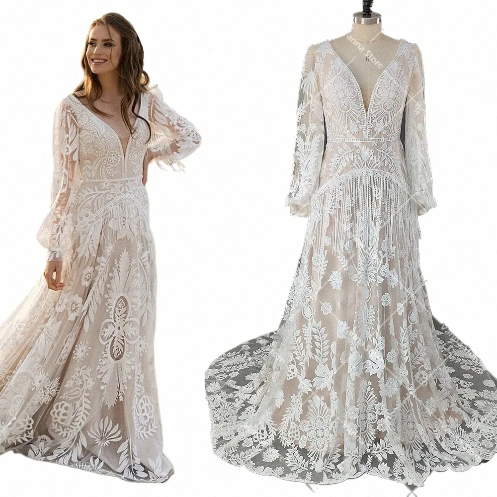 LG Gezwollen mouwen Allover Lace Boho Elopement Bruidsjurken Op maat gemaakt A Line V-hals Kwastje Boheemse Strand Bescheiden Bruiloft Dr r6pp#