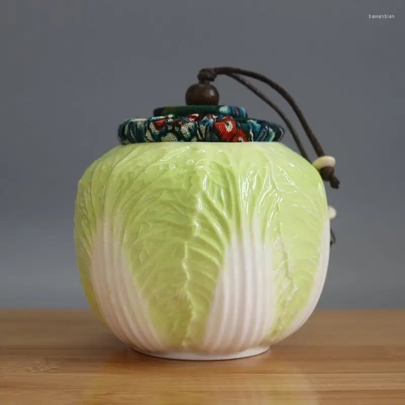 Storage Bottles Creative Bai Cai Tea Pot Dehua Suet Jade Cabbage Sealed Ceramic Green High-end Pot.