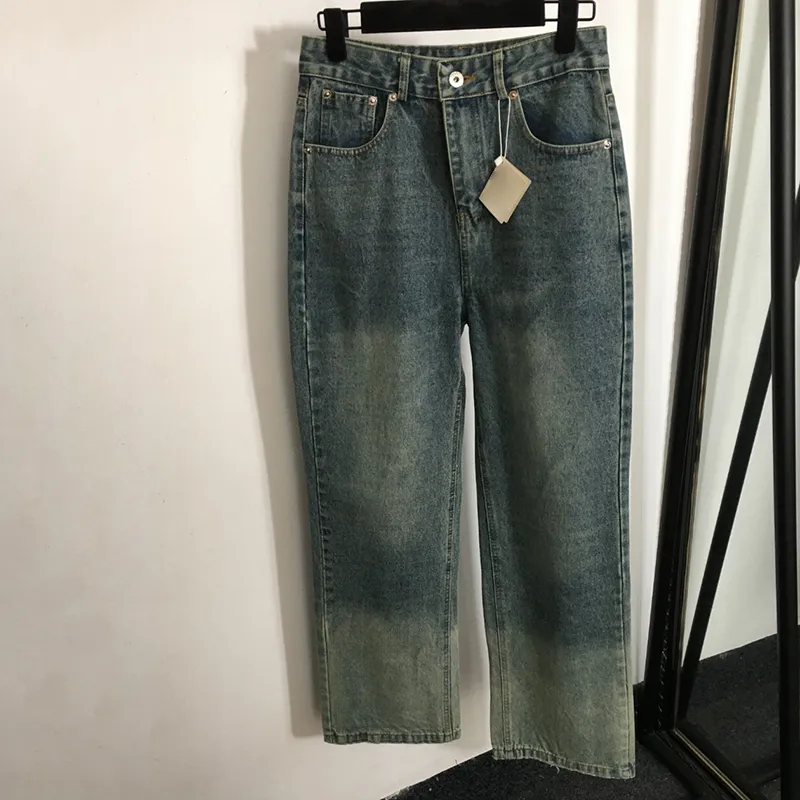 Hög midja jeans kvinnor märke byxor brev broderi jean pant klassisk gradient design jean byxor byxor