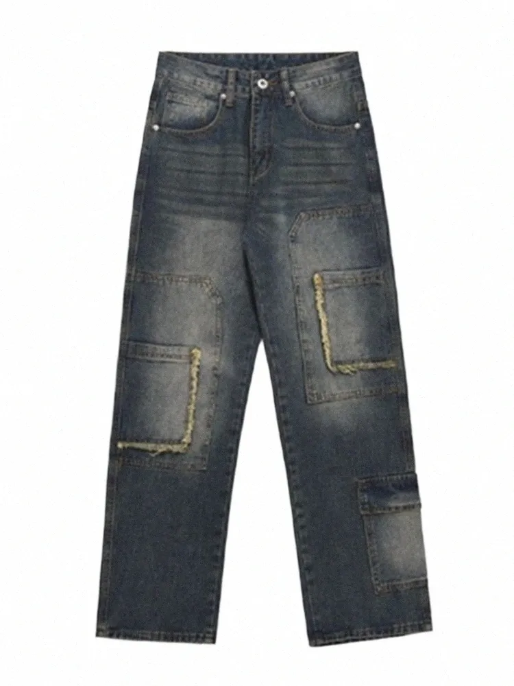 Vintage jeans herrkläder fast färglast raka byxor med rå kant multi-fickig rumpa lösa byxor a003 u1jf#