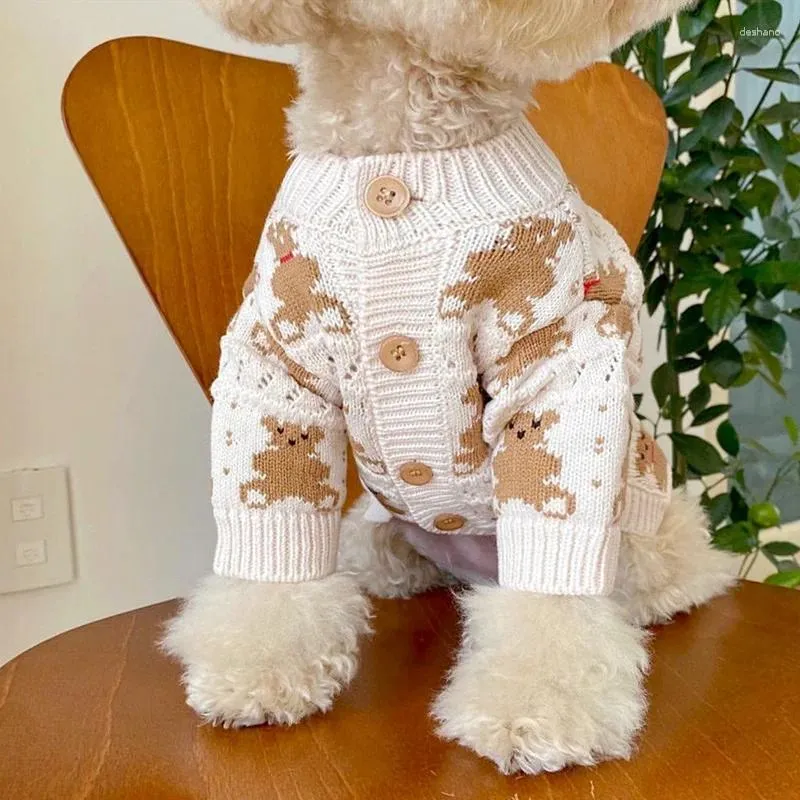 Cão vestuário cardigan botão aberto de malha cães filhote de cachorro camisola schnauzer desenhos animados urso roupas animais de estimação quente inverno bichon macio teddy