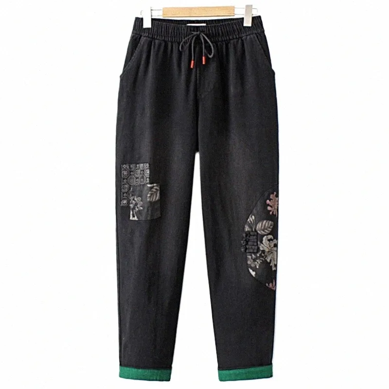 5XL Plus Size Jeans Damenbekleidung Herbst/Winter Tasche Blumen Patch Mi Hohe Taille Stretch Denim Haremshose E6B4 #
