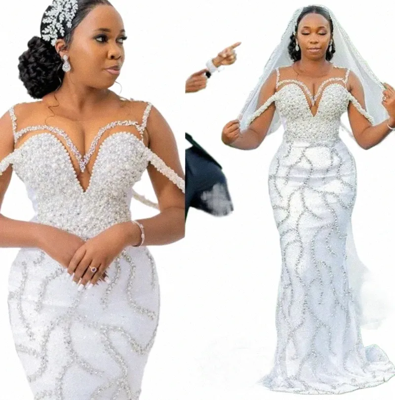 2024 Oct Arabic Aso Ebi Plus Size Mermaid White Wedding Dr Crystals Pearls Luxurious Bridal Gowns Dres vestidos de novia s5YI#