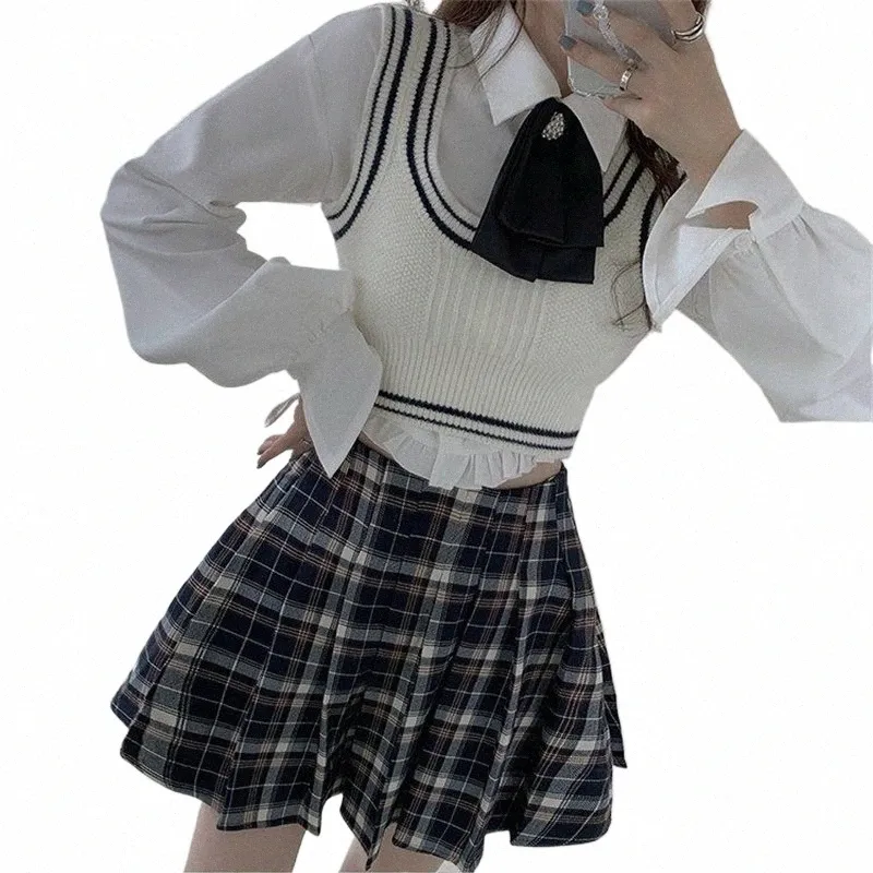 Autumn Preppy Style Uniform 4-stycken Set Girls Korean Knited Vest White Shirt Ribb Bow High midje Plaid kjol JK Uniform Suit F1UU#