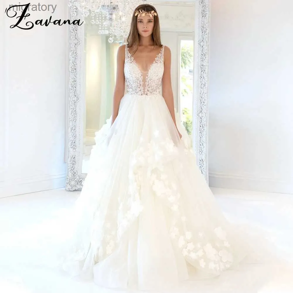 Abiti sexy urbani Zavana Modern Ruffles Wedding 2024 Applicazioni di pizzo Fiori 3D Deep V-nevk Spalline con cerniera Abito da ballo personalizzato yq240329