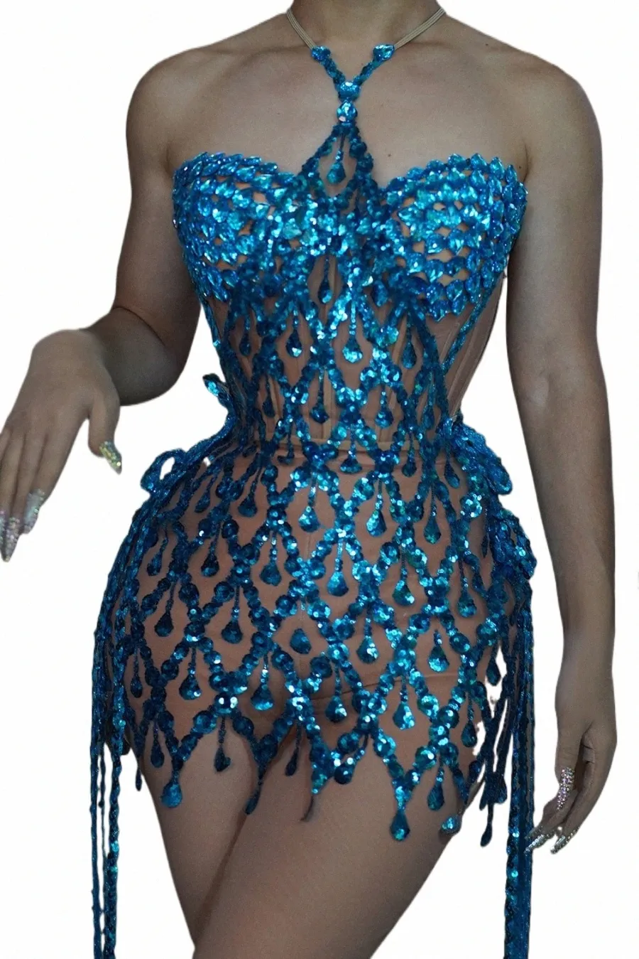 Blue Mesh Tube Top Evening Dr piosenkarka Drag Queen Club Party Birthday Special Ocassi Sexy Rave 2480#