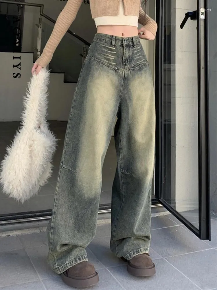 Women's Jeans Aoaiiys Baggy Women Denim Pants Blue Vintage Scratched High Waisted Streetwear Wide Leg Fashion Straight Mop