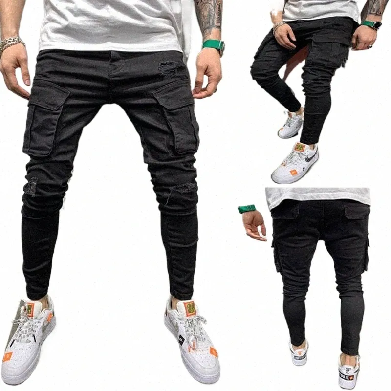 fi Heren Jeans Skinny Ripped Mul Pocket Denim Broek Streetwear Cargo Broek Hip Hop Zwarte Broek Lente Herfst Man Kleding k1H0#