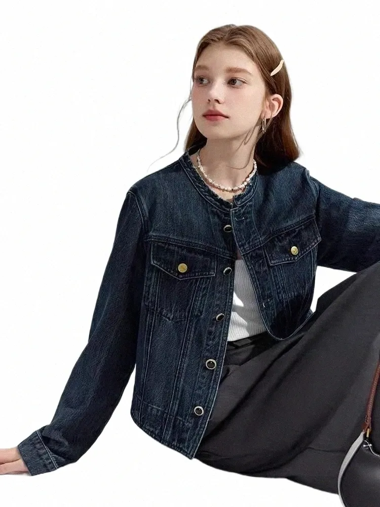 Veste courte en denim rétro pour femmes 2024 Printemps Automne Col rond Femme Jeans Bleu Foncé Manteaux Poche Butt Decorati Vestes g5vD #