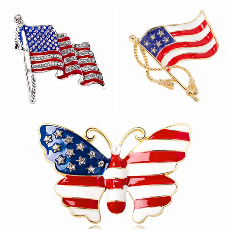 Vintage Crystal USA Flag Brooch Pins Diamond Brooches US Flags Butterfly Pin