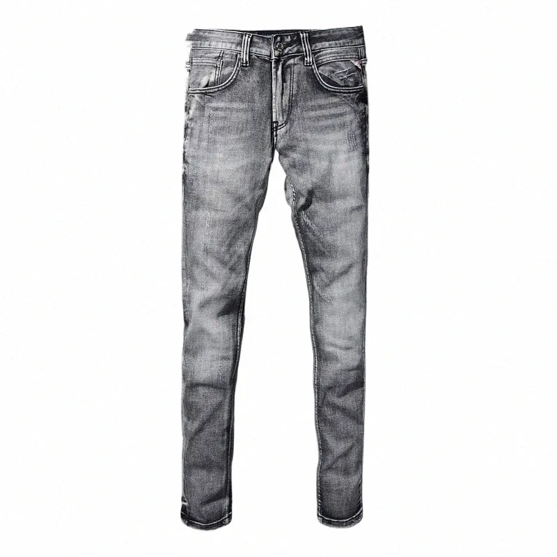 fi Vintage Homens Jeans de Alta Qualidade Retro Cinza Escuro Stretch Slim Fit Jeans Rasgado Homens Casual Designer Calças Jeans Hombre B6je #