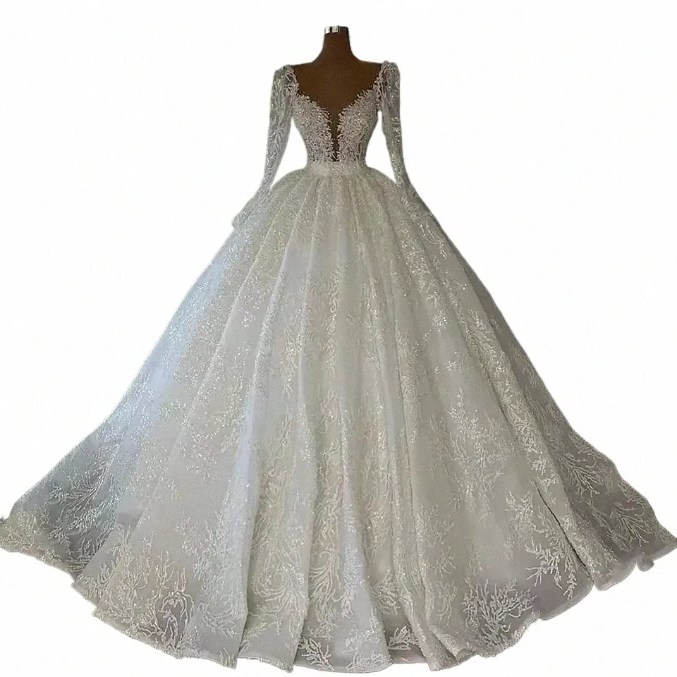 Luxur Princit Ball Suknia V Nakia Weddding Dres 2023 Koronkowe aplikacje LG Sleeve Cears