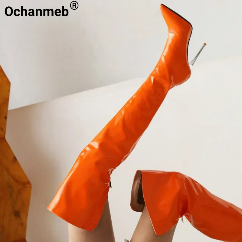 Boots Ochanmeb Bright Orange Patent Leather Overknee Boots Sexy Stiletto Pointy Toe Zipper Neon Green Thigh Boot High Heel Shoes Woman