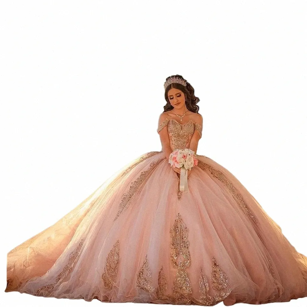 Sparkly Pink Quinceanera Dres 2024 XV Ball Gown Rose Gold Lace Applique Princ Sweet 16 Dr Birthday Party Vestido de 15 R6R3#