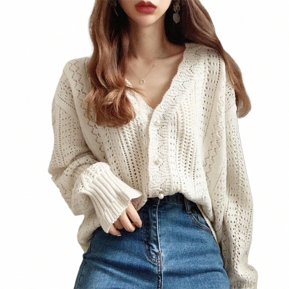 2024 Kvinnor Spring Summer Sweater and Cardigans Low V-Neck Knit Topps LG Sleeve Hollow Out Sexy Cardigan Loose White Tops D37x#