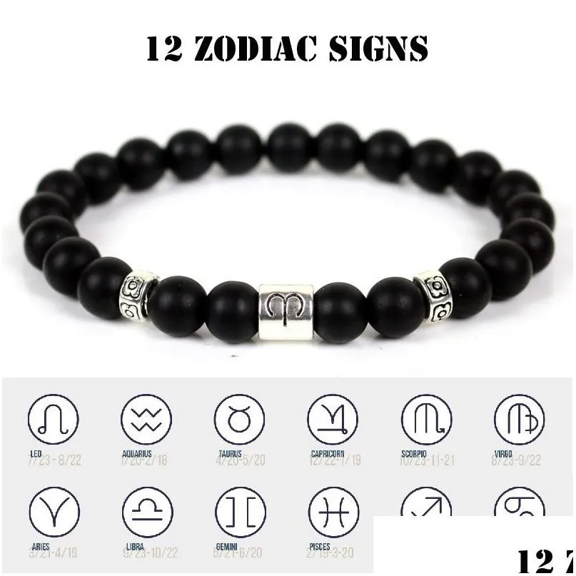 Identification 2021 New Fashion The Zodiac Charms Matte Blackstone Bead Bracelet Men Womens Constellation Handemade Jewelry Drop Deli Dhjoy