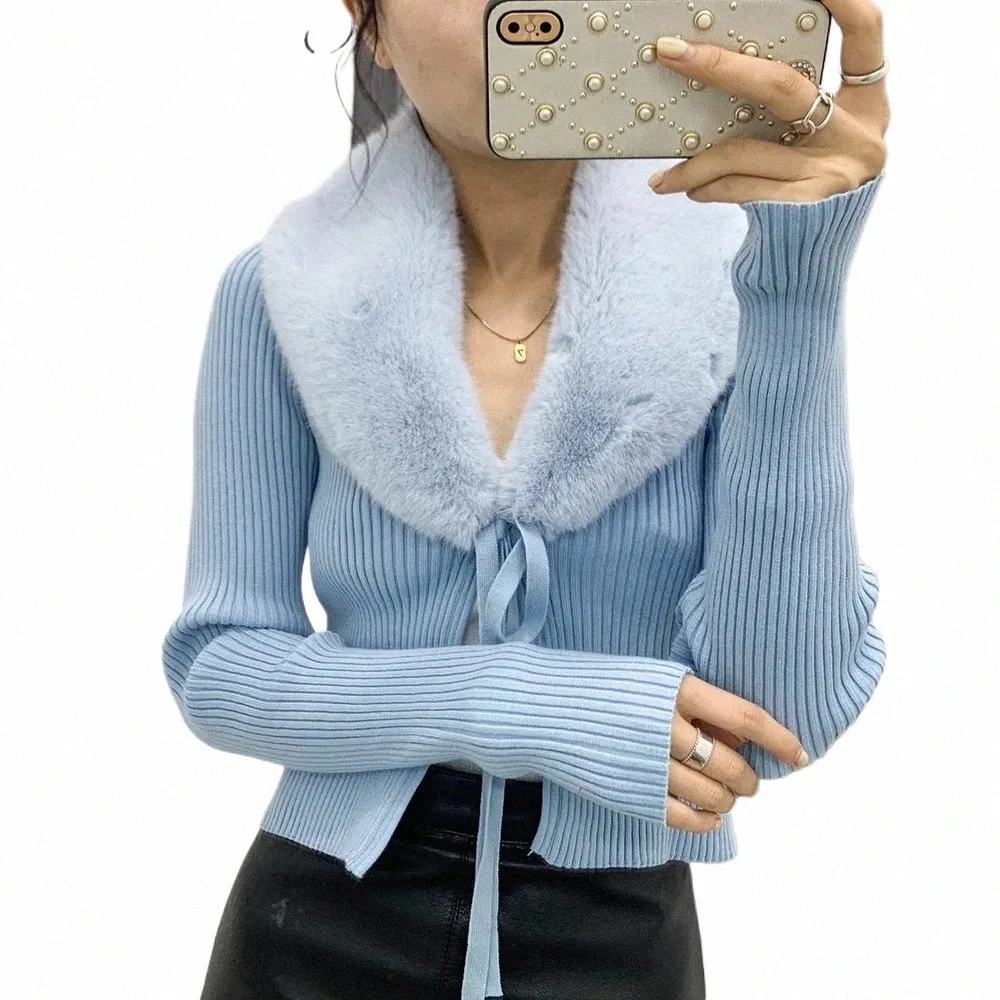 Klacwaya Cárdigans para mujer 2021 Vintage Efecto de piel sintética Cuello de piel Suéter de punto LG Manga Top Suéter azul Cárdigan de punto d8ja #