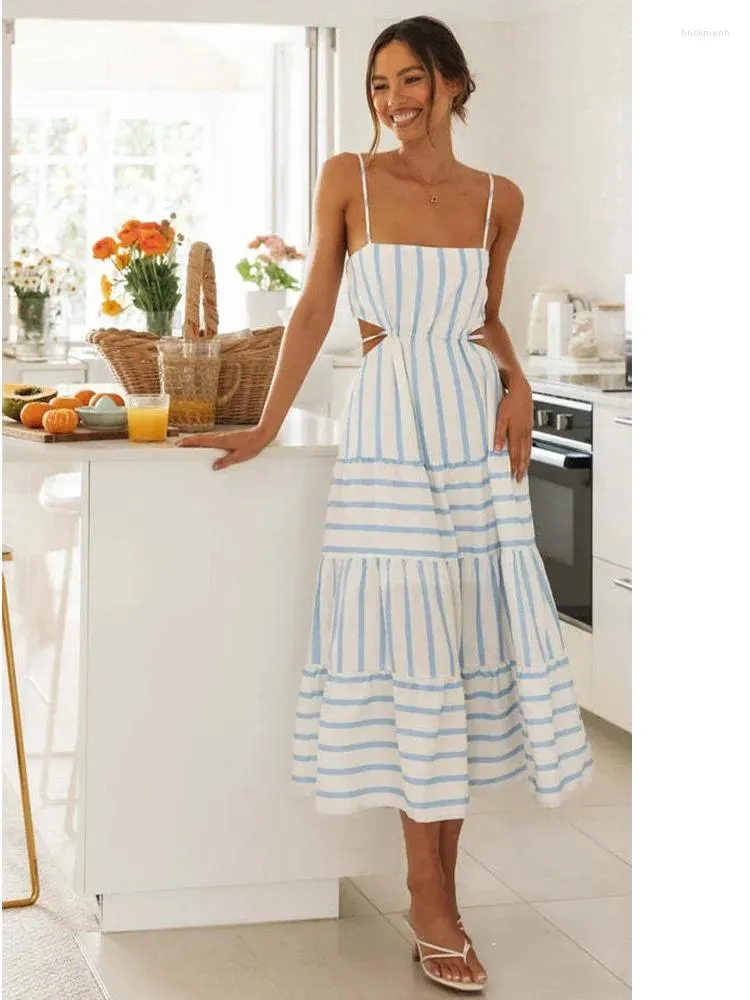 Sukienki swobodne foridol Striped Summer Sukienka Plaża Sexy Boho Sundress Spaghetti Pasek wycięty A-line Maxi midi vestidos 2024 Spring