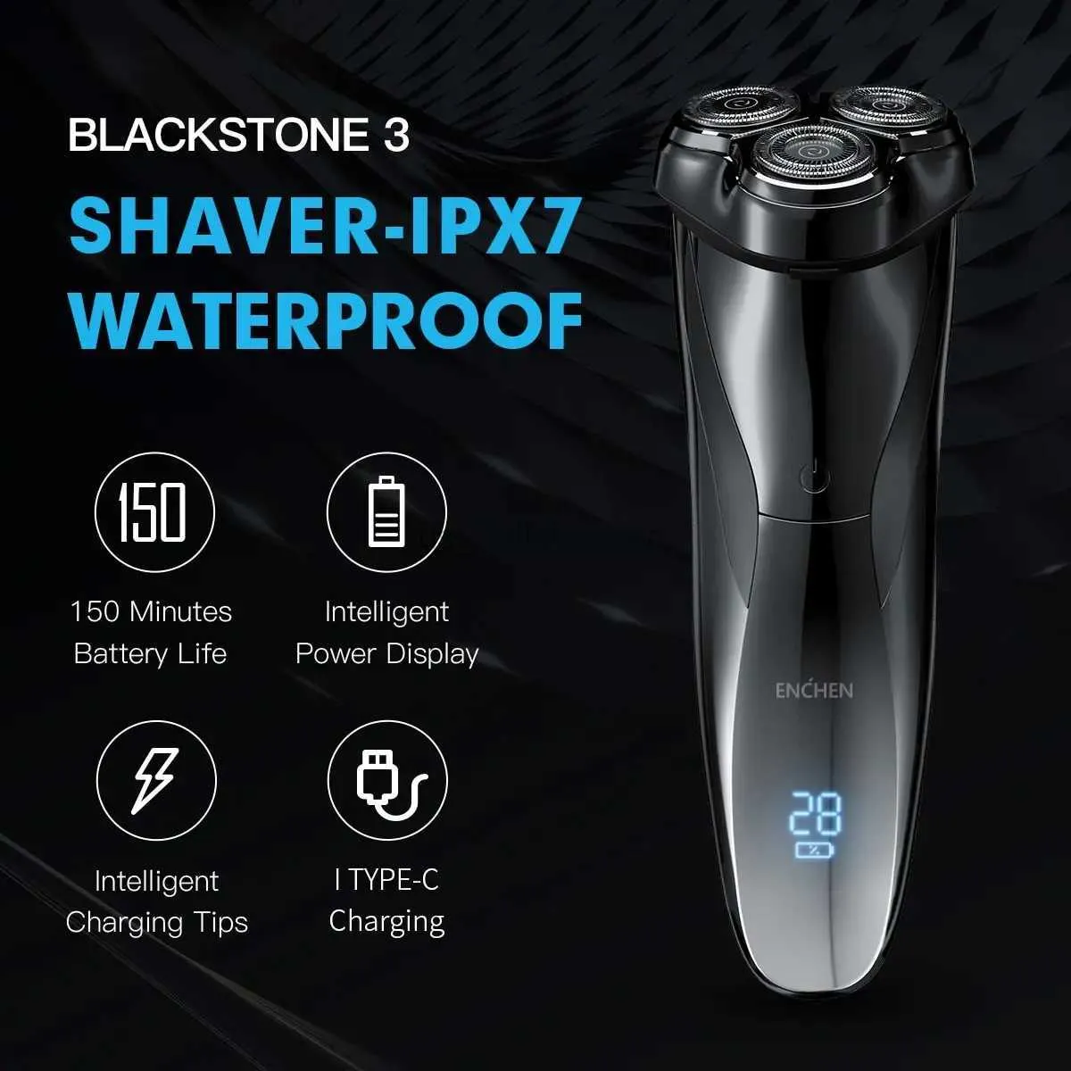 Barbeadores elétricos Enchen Barbeador elétrico 3D Blackstone 3 IPX7 Navalha à prova d'água úmida e seca Dupla utilização de barba facial Bateria Display digital para homens 240329