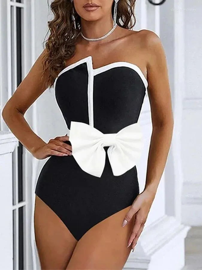 Traje de baño para mujer, traje de baño clásico de una pieza, elegante, Vintage, blanco y negro, cintura con lazo adornado con una falda larga para la playa