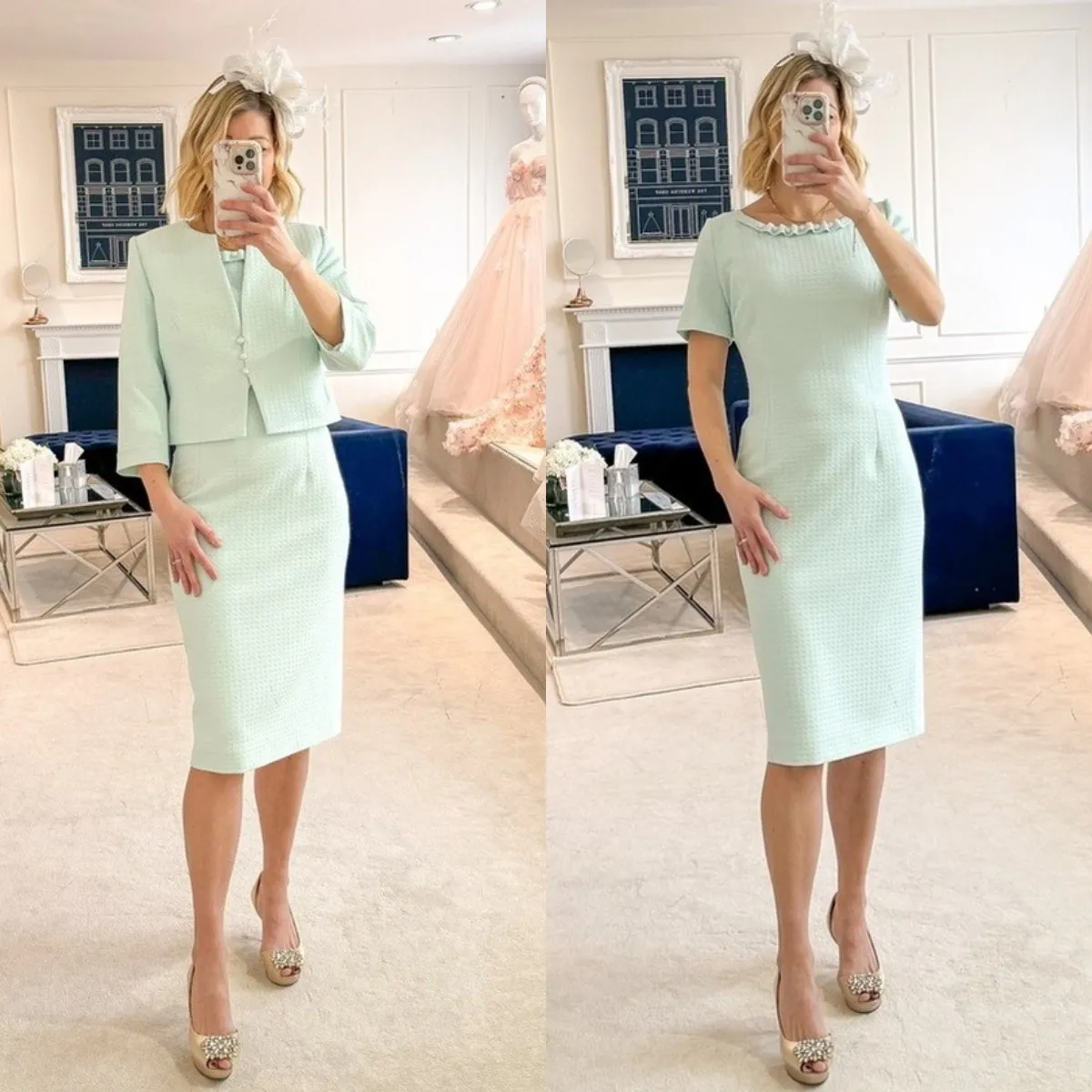 Fashion mint green Mother Of The Bride Dresses with jacket Long Sleeves bateau neck buttons wedding guest dress Knee Length Sheath Mother's gown