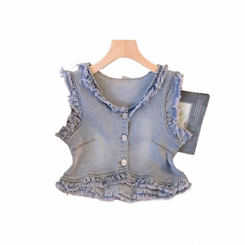 Printemps / Été Filles Denim Fringe Vest Short Sleevel Vest Top E7zP #