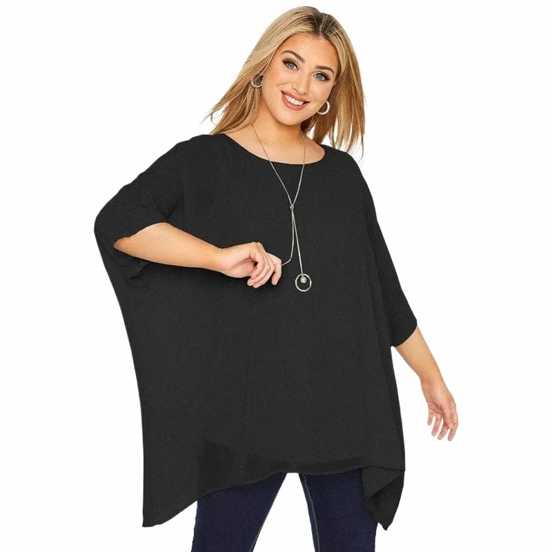 Plus Size Solto Batwing Manga Elegante Verão Capa Blusa Mulheres 3/4 Manga Casual Trabalho Escritório Túnica Tops Roupas Tamanho Grande 7XL Q6K2 #