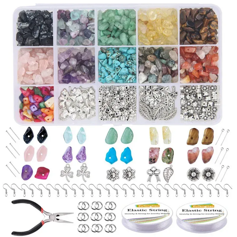 Componentes 10/15 Grid Kit de cuentas de piedras preciosas irregulares con perlas espaciadoras de langosta anillos de salto elástico para joyas de bricolaje kit de suministros
