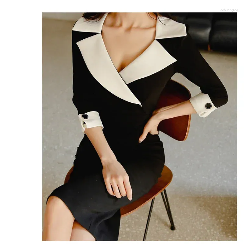 Casual Dresses Three-quarter Sleeves Wrap Hip Suits Collar Black And White Stitching 2024 Spring OL Professional Slim Waist Lapel Dress