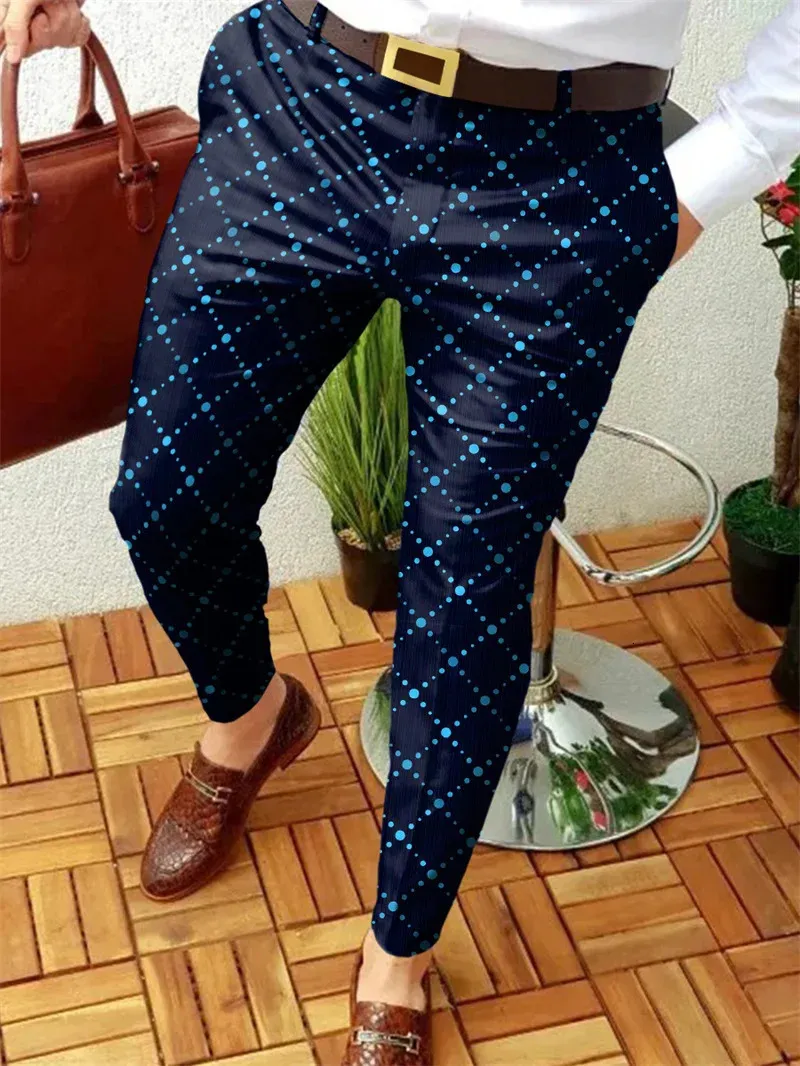 Pantalones casuales de negocios para hombre, pantalones largos rectos con estampado de patrones geométricos, ropa de calle de moda para primavera y otoño 240319