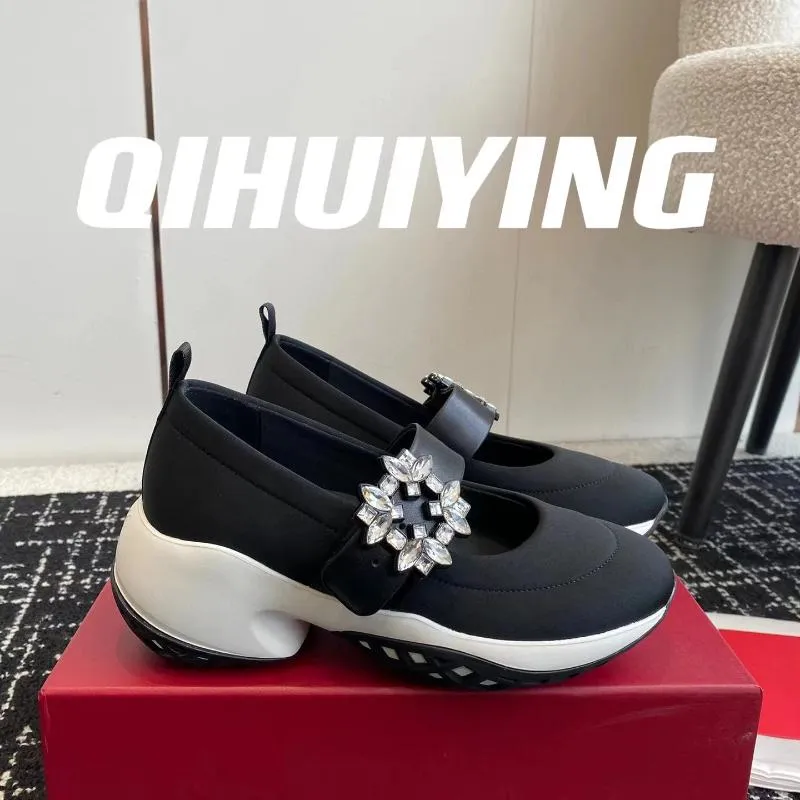 Casual Shoes 2024 QIHUIYING Handmade Thick Sole Buckle-Strap Sneakers Crystal Decora Loafers Female Sports Sapato Feminino