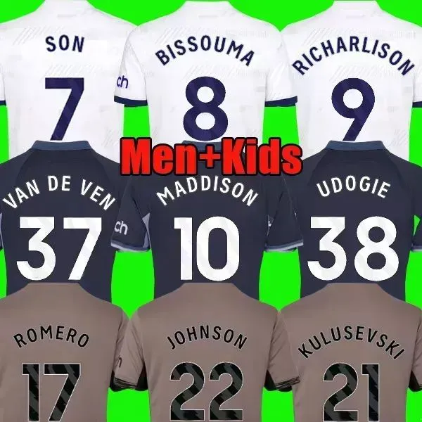 23 24 24 Maddison 아들 축구 유니폼 Romero Richarlison Kulusevski van de Ven Bissouma Johnson 축구 키트 셔츠 탑 남자 아이들 세트