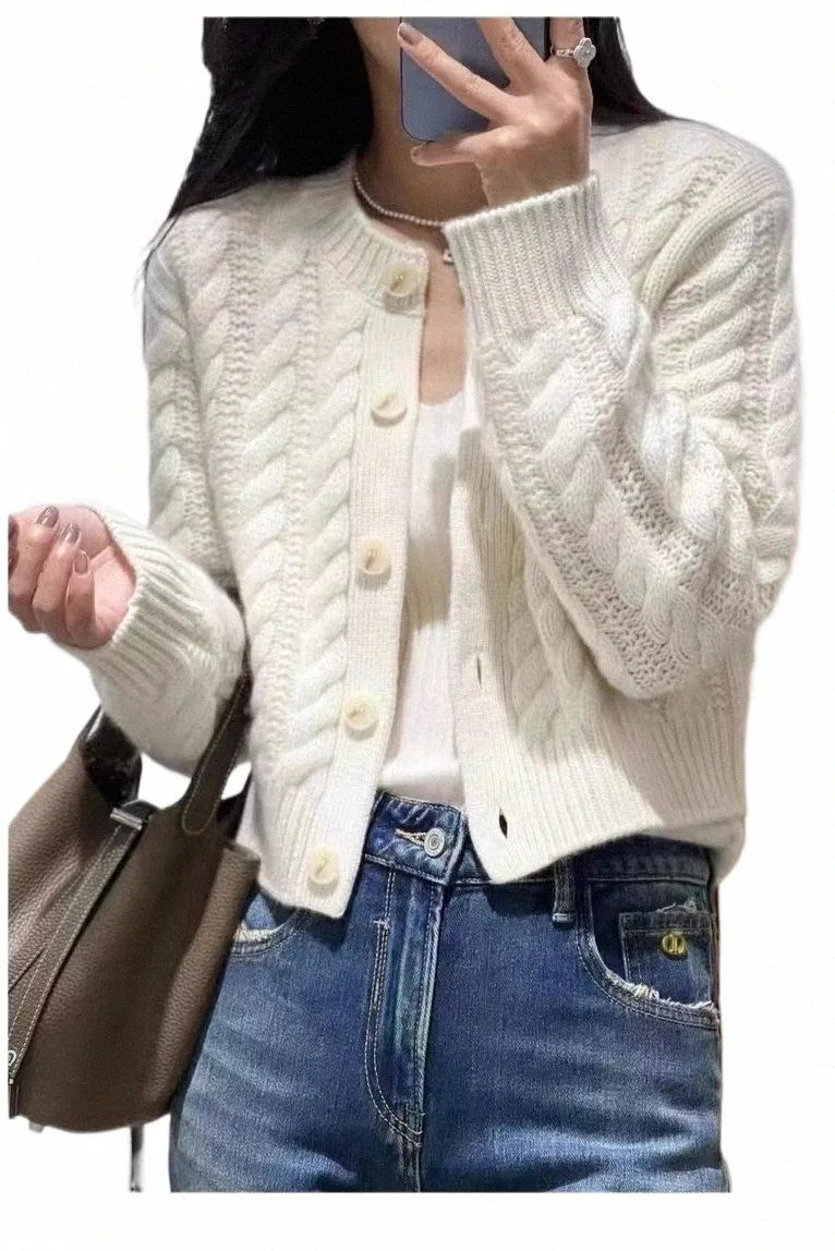 Novo cmere twist cardigan no outono e inverno feminino solto grosso torcido curto suéter casaco de malha 100% lã pura.97dm#