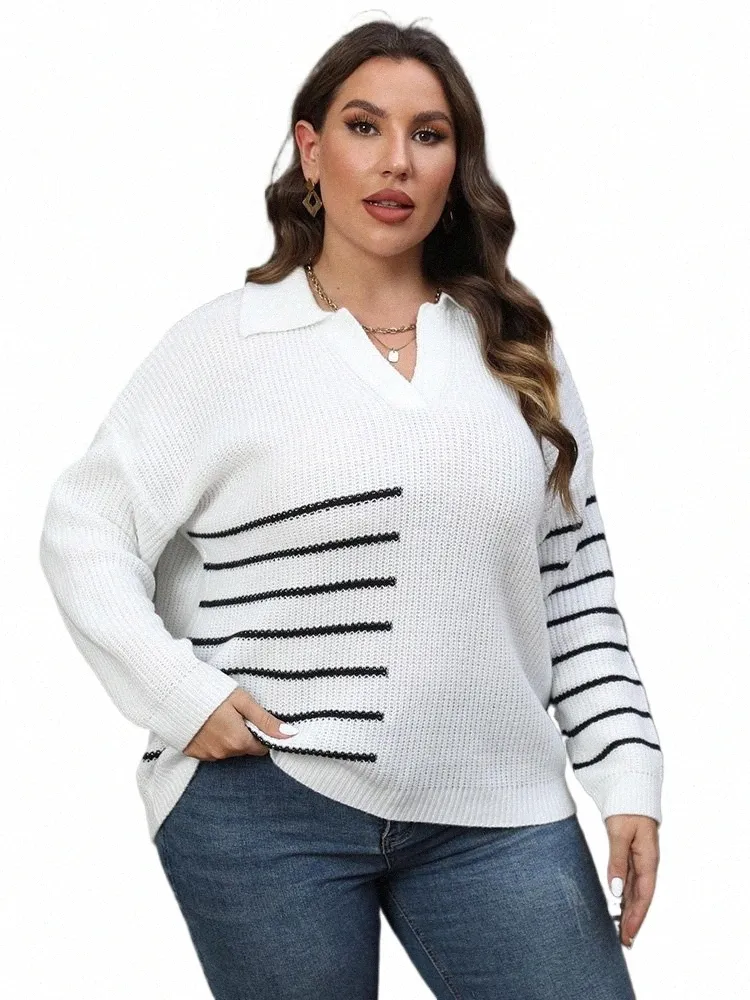 Plus Size Striped Pullover Sweater Women's Drop Shoulder Knit Top, Casual Long Sleeve Black White Sweater, Autumn Winter Fashion
