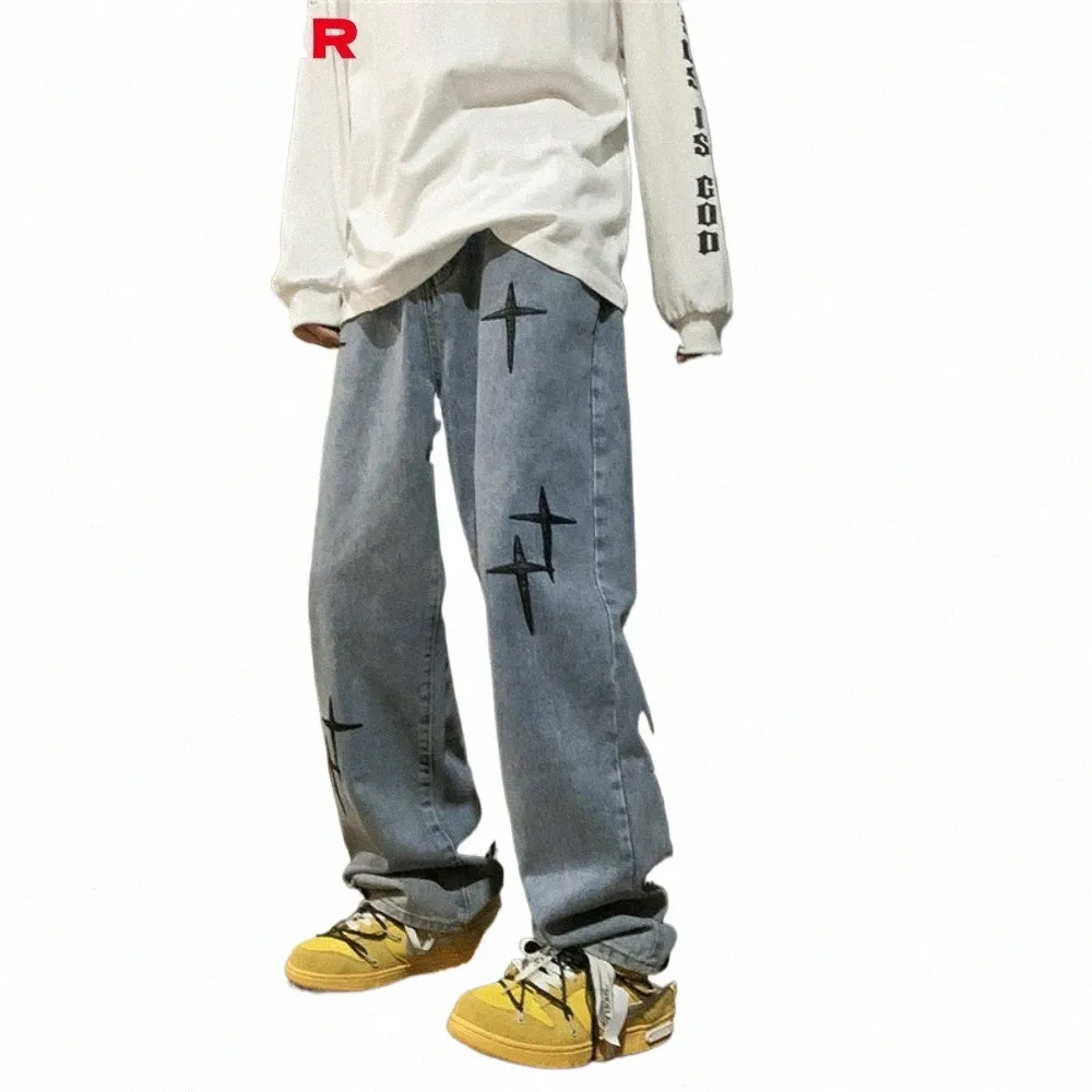 y2k панк джинсовые брюки мужские Harajuku с перекрестным принтом цветные Fi повседневные мешковатые джинсы мужские прямые брюки с несколькими карманами уличная одежда k1A7 #