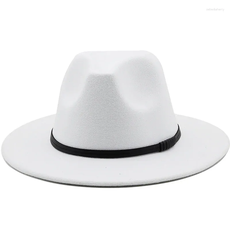 Basker kvinnor män ull fedora hatt med svart läder gentleman elegant lady vinter höst breda brim jazz panama sombrero cap