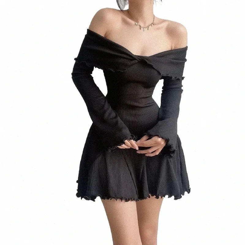 jesień czarny A-line Dr Women Streetwear Sexy Strapl Off ramię LG Rękawy Kniting Mini Dres Club Elegancki odzież imprezowa Q97W#